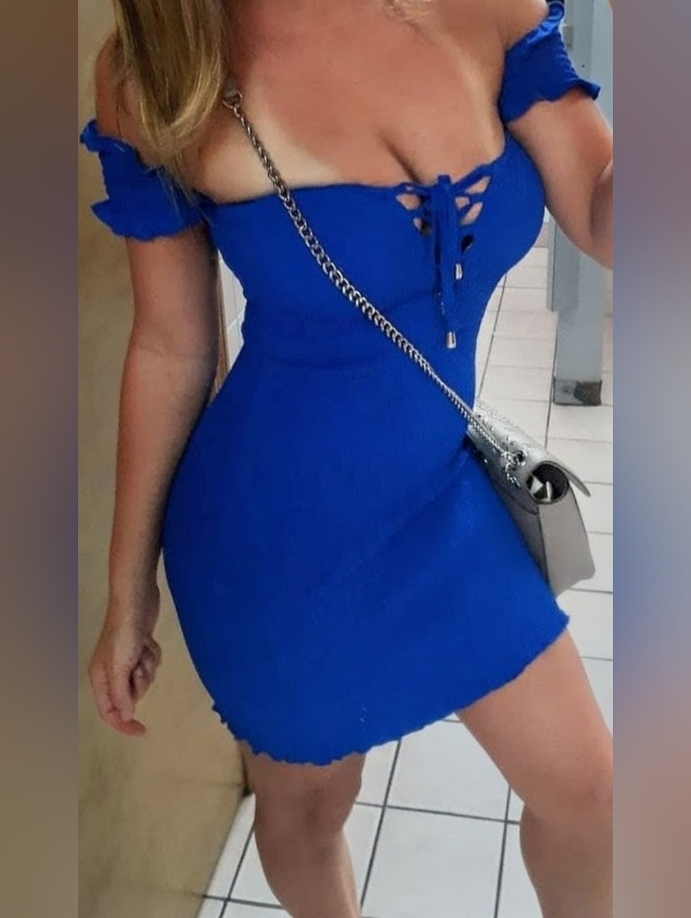 Cefian Blue Smocked Off Shoulder Mini Dress Lace Up Front Size S - Picture 5 of 9
